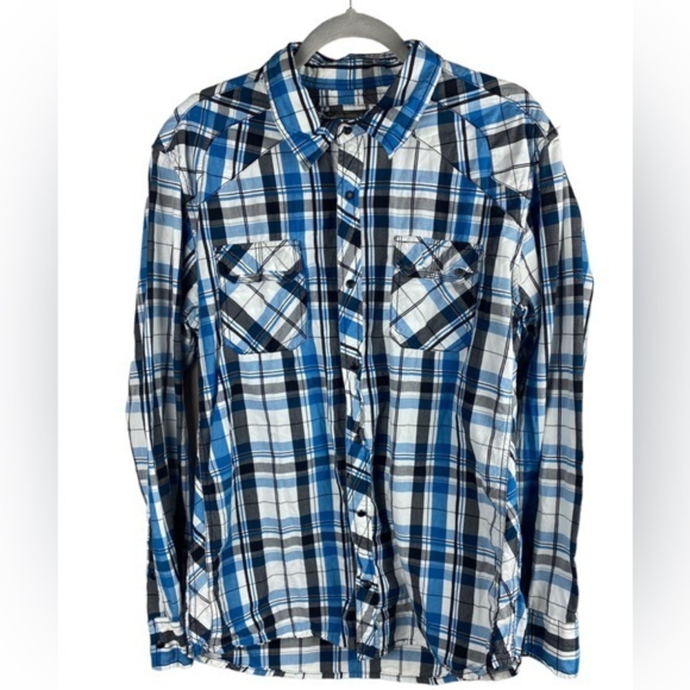 BKE men’s Blue black white Plaid Long Sleeve snap front Shirt Slim Fit Size XL